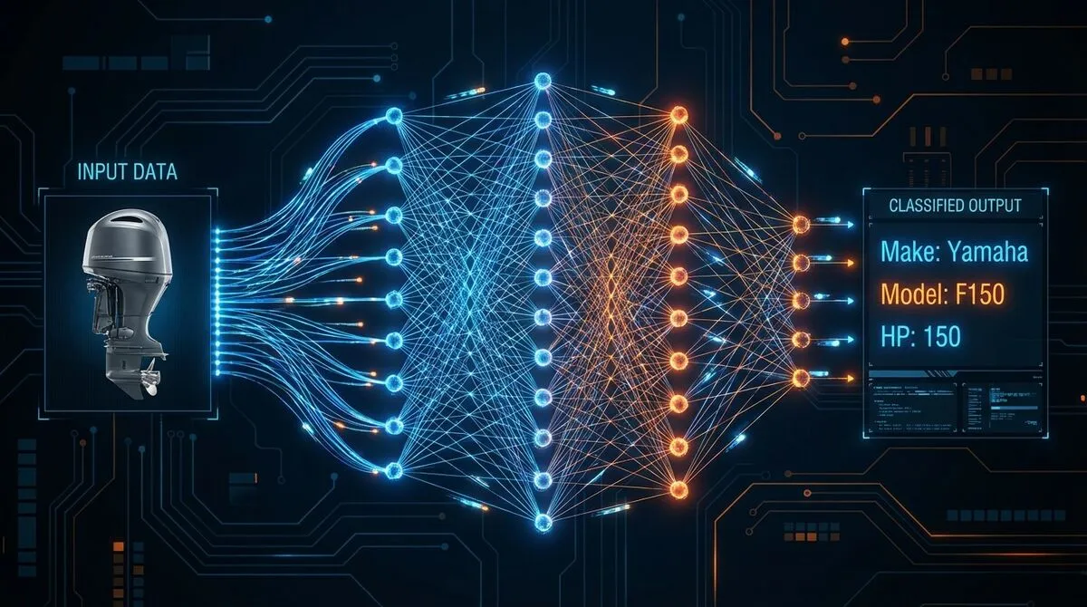 Neural network visualization processing outboard engine image through multiple layers