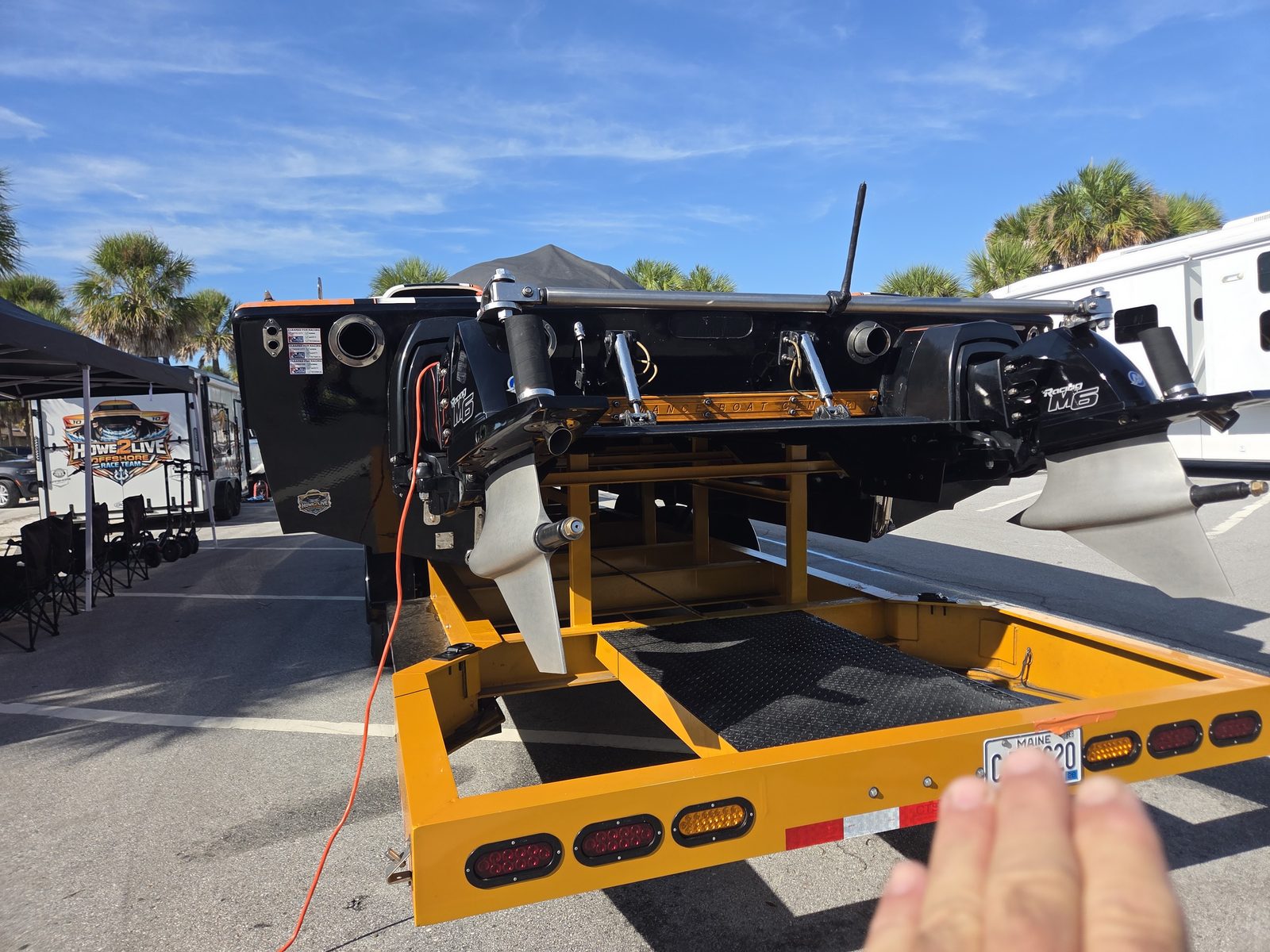 Transom and setback detail on a race hull up on the trailer