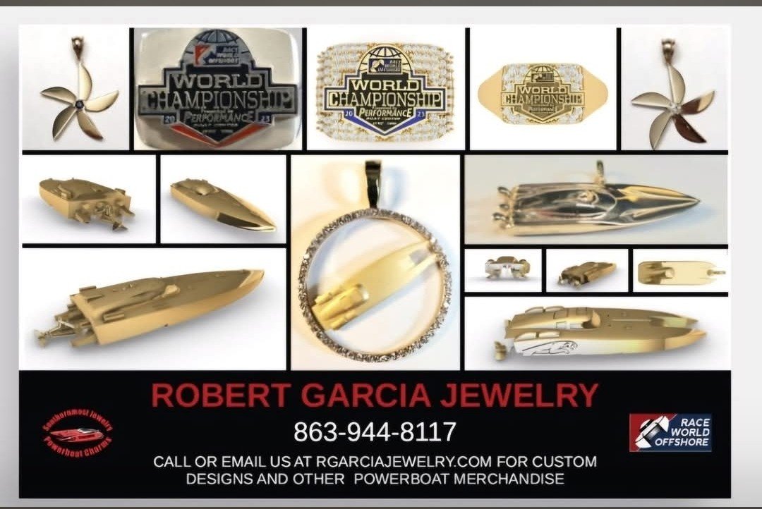 Robert Garcia Jewelry card showing gold propellers, championship rings and powerboat pendants