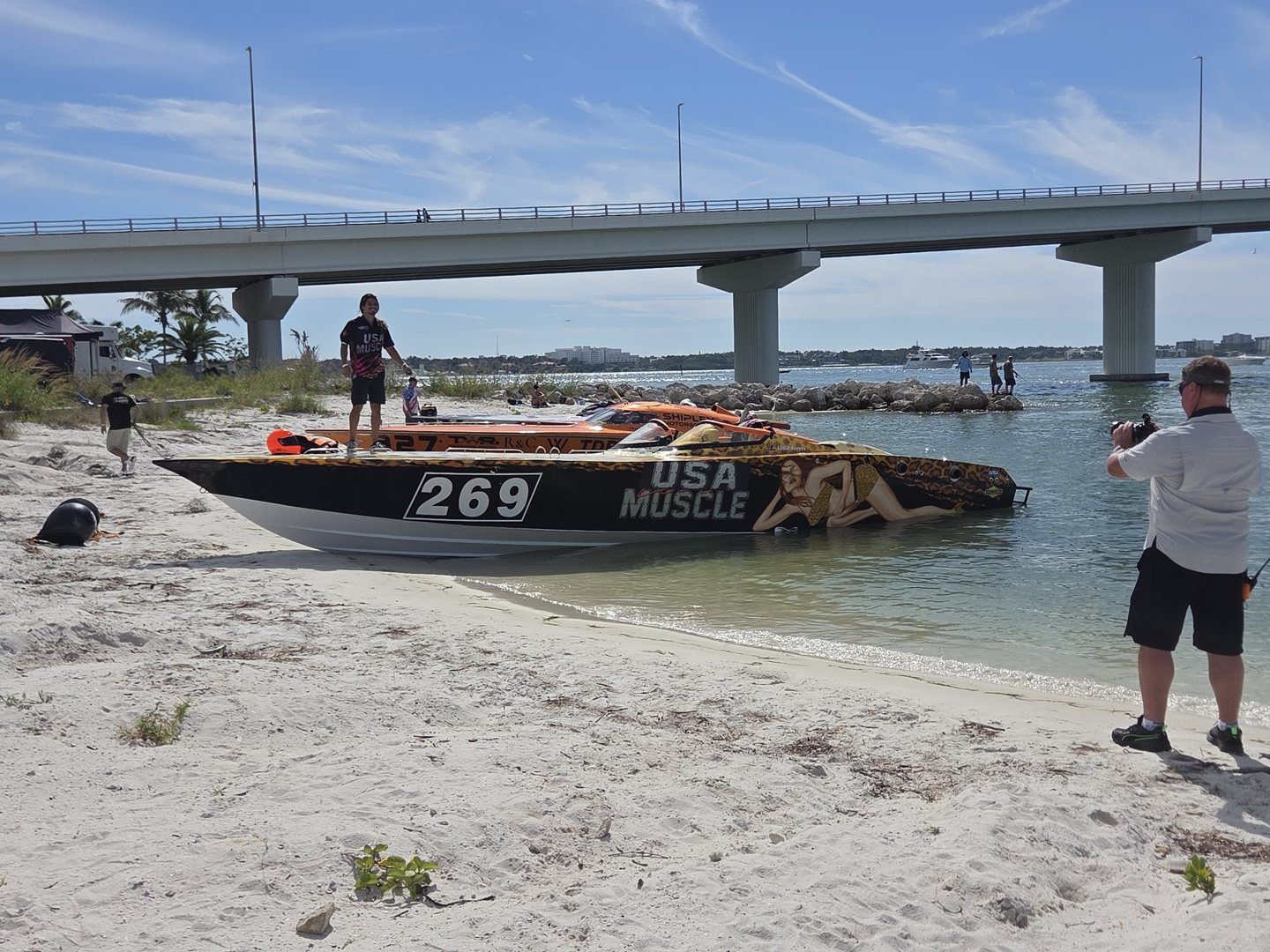 Race boat 269 USA Muscle beached near the Clearwater bridge