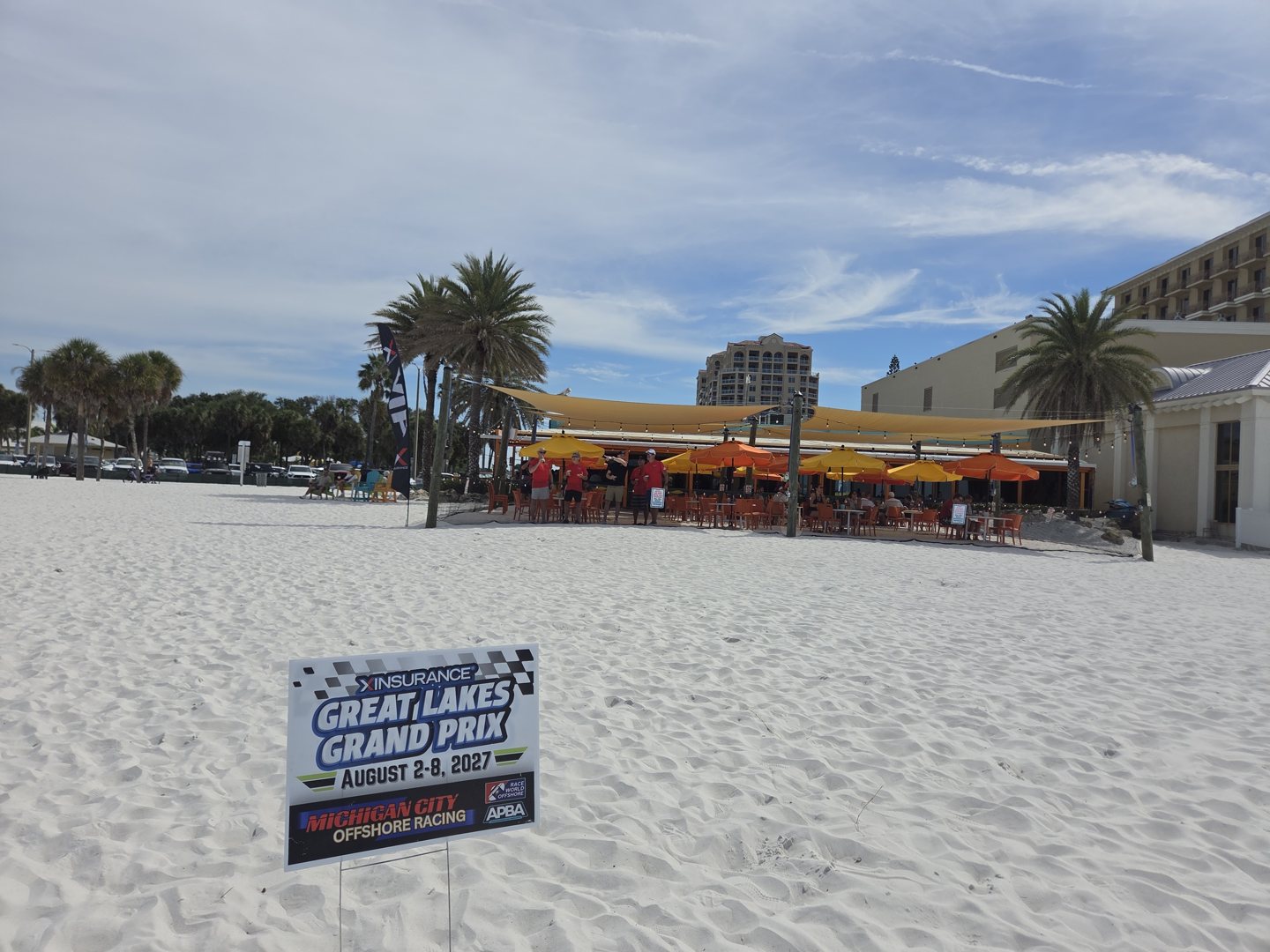 Great Lakes Grand Prix sign on Clearwater Beach promoting the Michigan City offshore race
