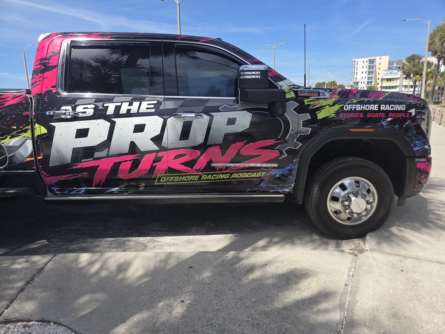As The Prop Turns wrapped pickup truck reading Offshore Racing Podcast