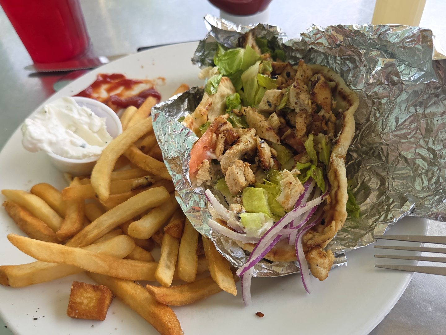 Gyro and fries lunch plate