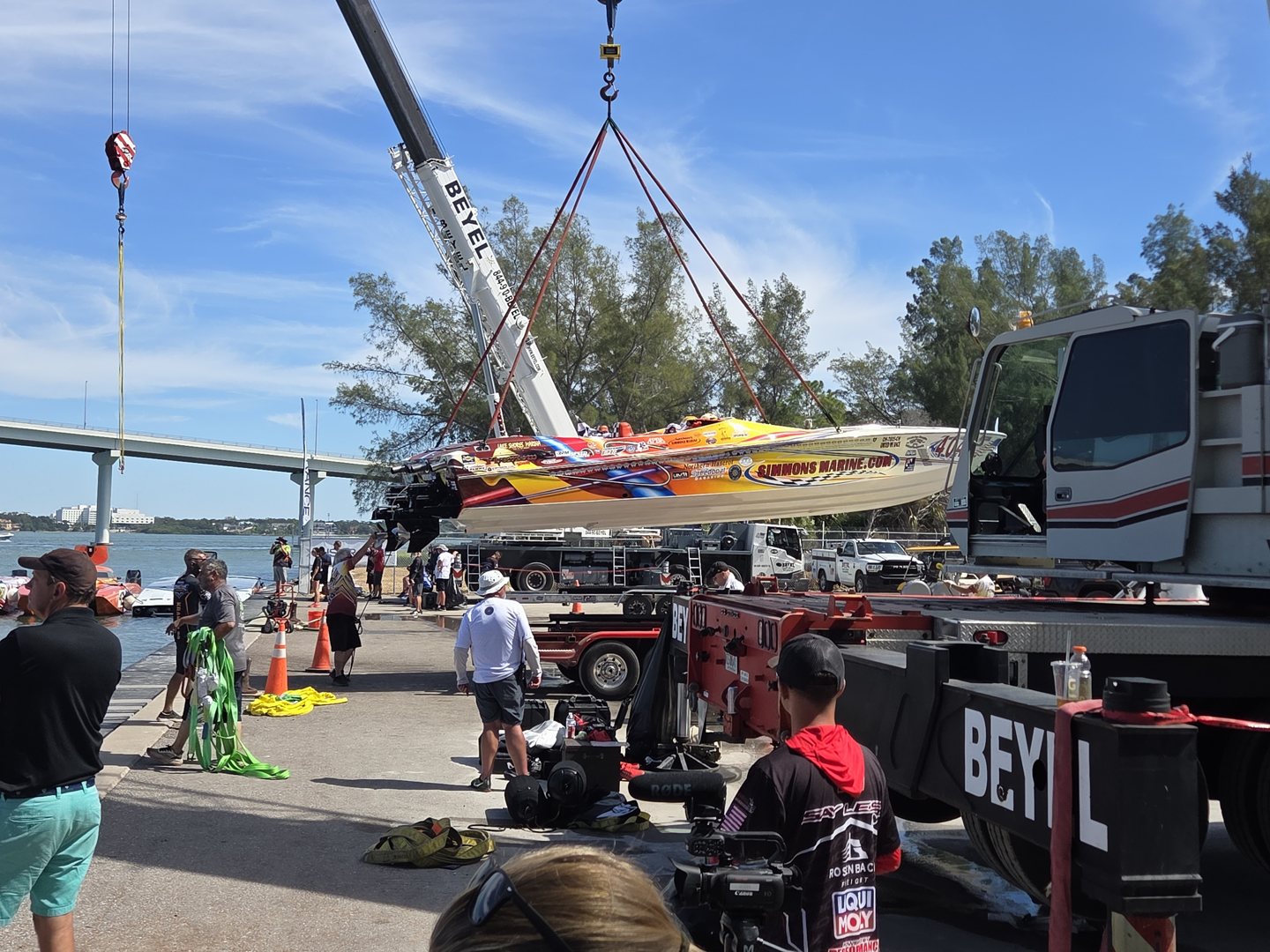 Simmons Marine race boat 404 lifted by a Beyel crane in the Clearwater pits
