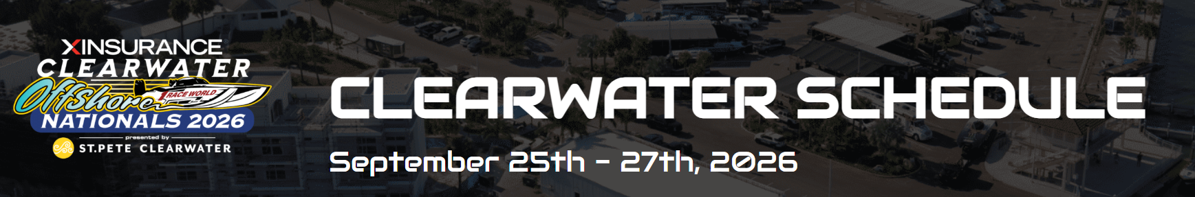 XINSURANCE Clearwater Offshore Nationals 2026 schedule banner — September 25th through 27th, 2026, Clearwater Beach, Florida