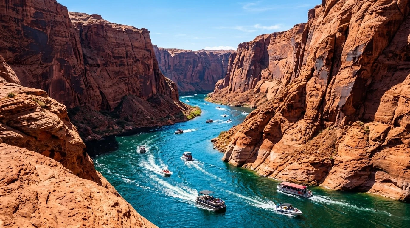 Boats cruising through a dramatic red rock canyon on the Colorado River
