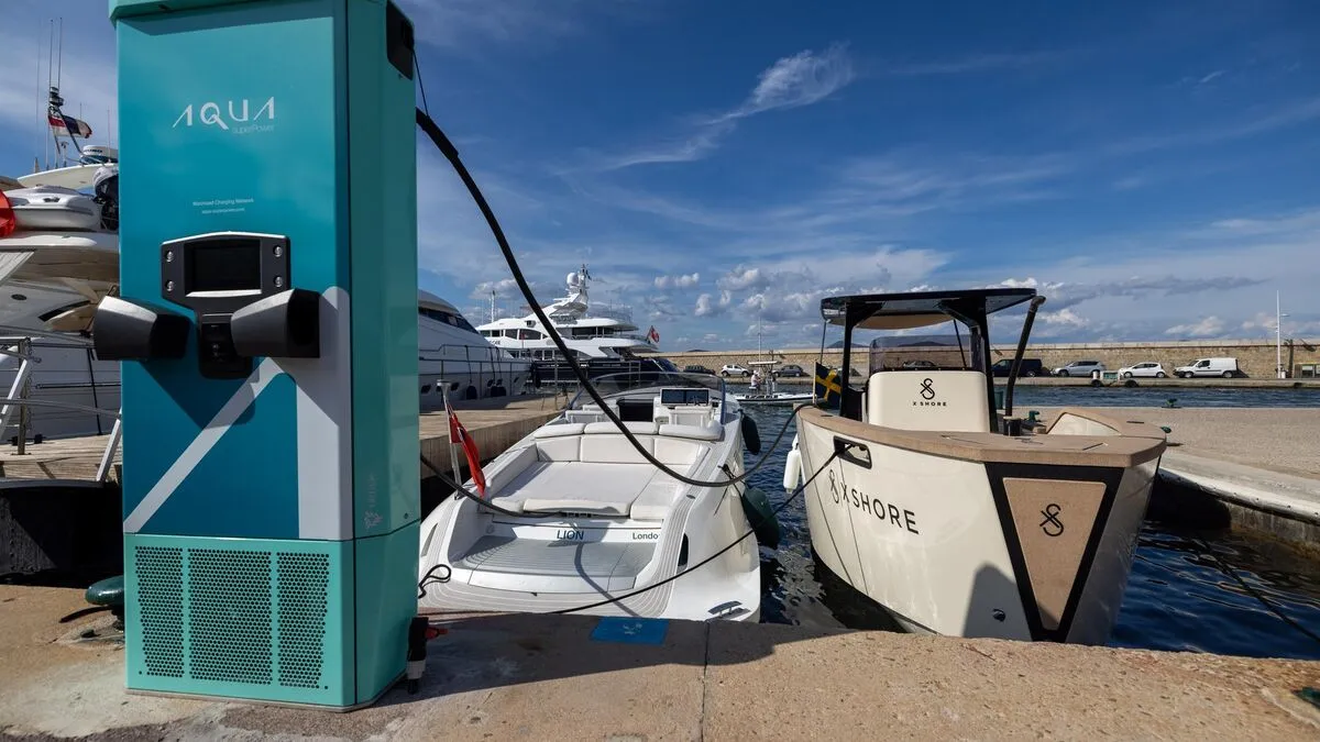 Electric boat charging station at a marina dock