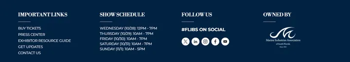 Fort Lauderdale International Boat Show footer with show schedule, links and Marine Industries Association of South Florida logo