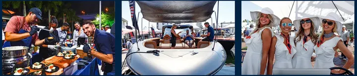 FLIBS show scenes: chefs serving food, a center console on display and hostesses in white sun hats