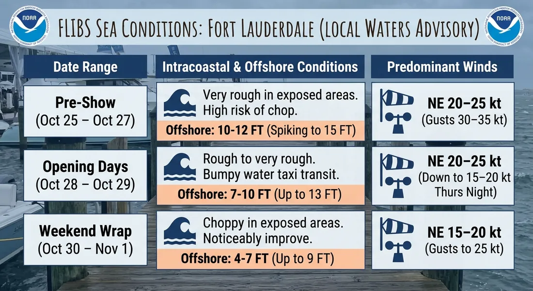 FLIBS sea conditions Fort Lauderdale local waters advisory: pre-show 10 to 12 ft offshore spiking to 15 ft, opening days 7 to 10 ft up to 13 ft, weekend wrap 4 to 7 ft up to 9 ft, NE winds 15 to 25 kt