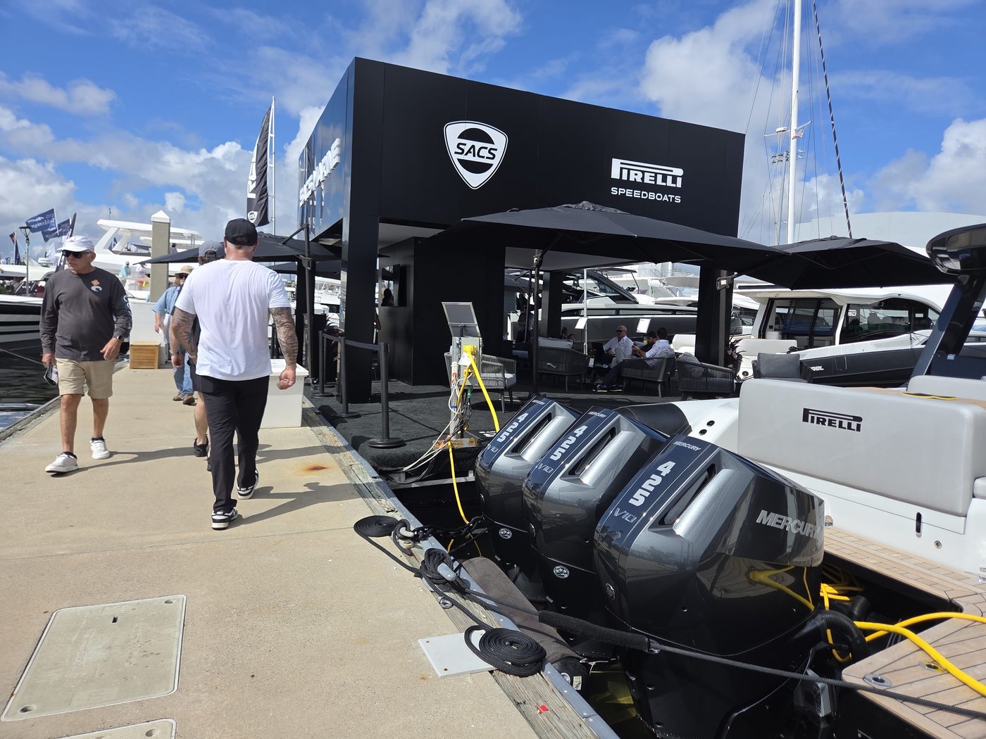 Pirelli SACS boat with triple Mercury outboards at FLIBS 2026