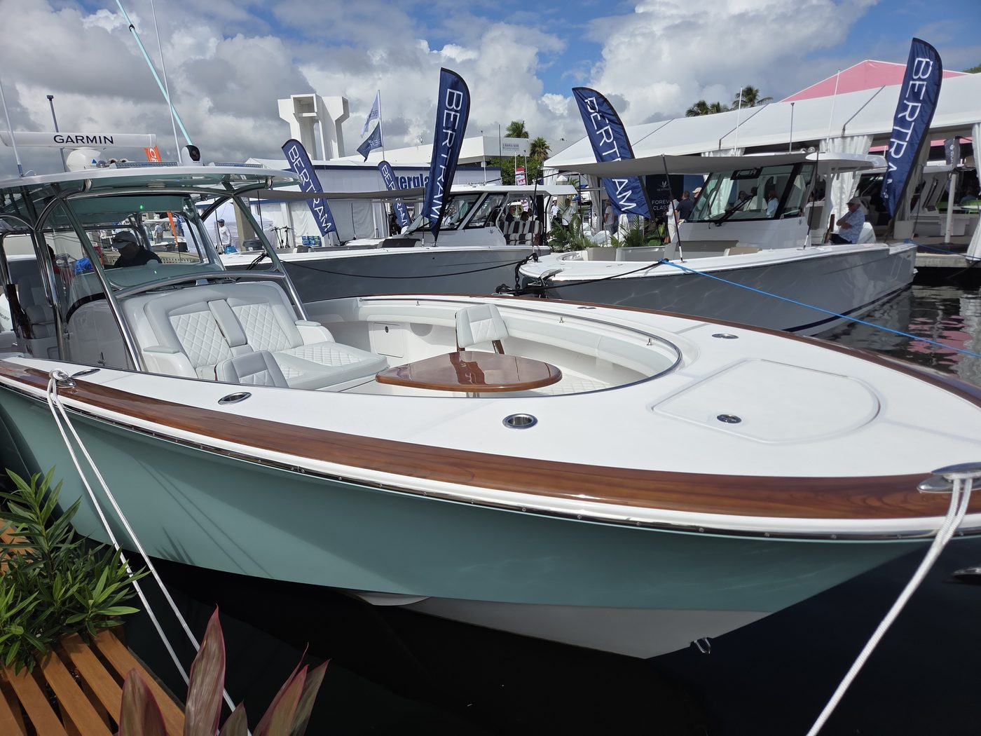Teal center console with teak trim at FLIBS 2026