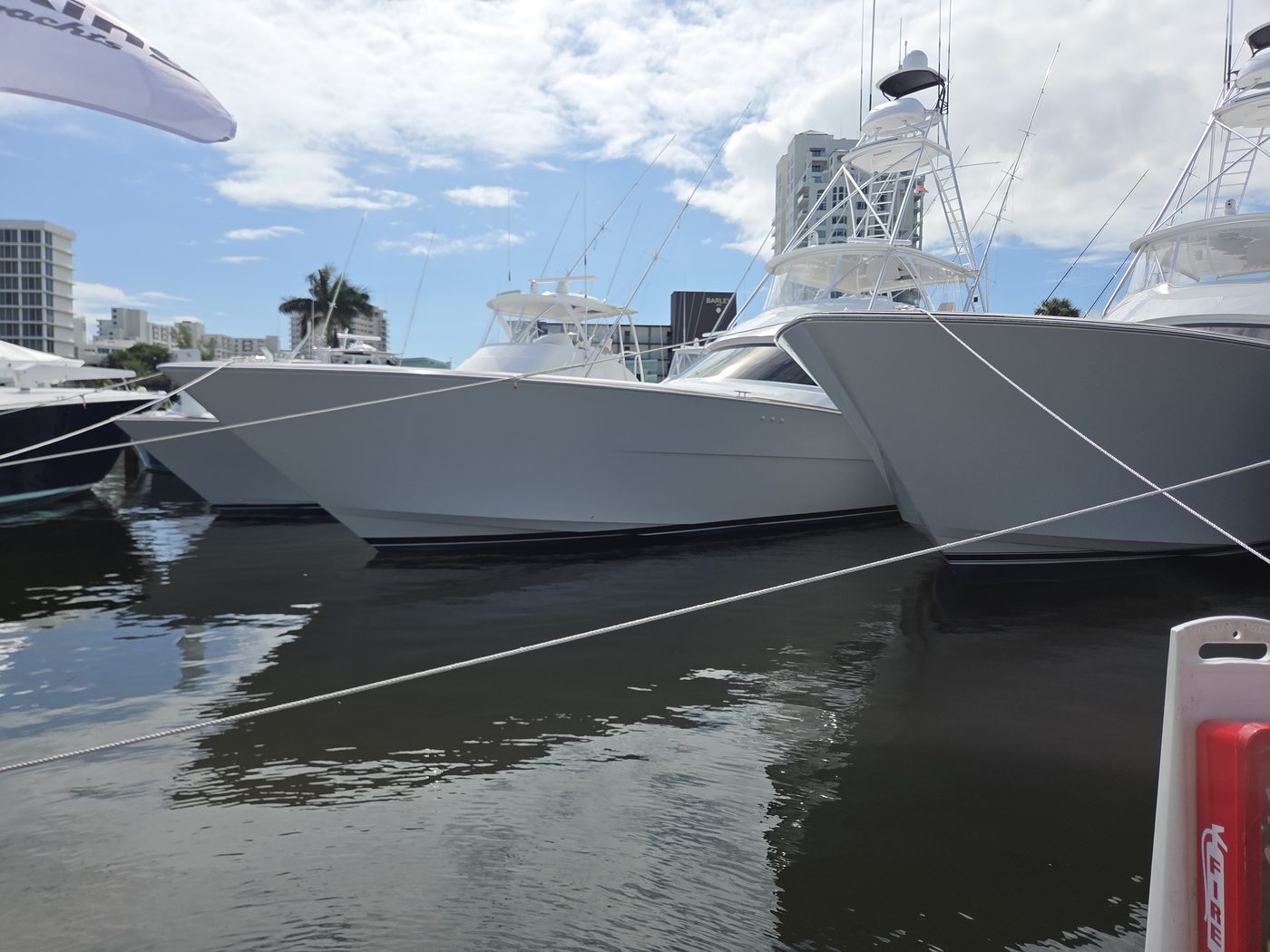 Row of sportfish yachts with tuna towers at FLIBS 2026