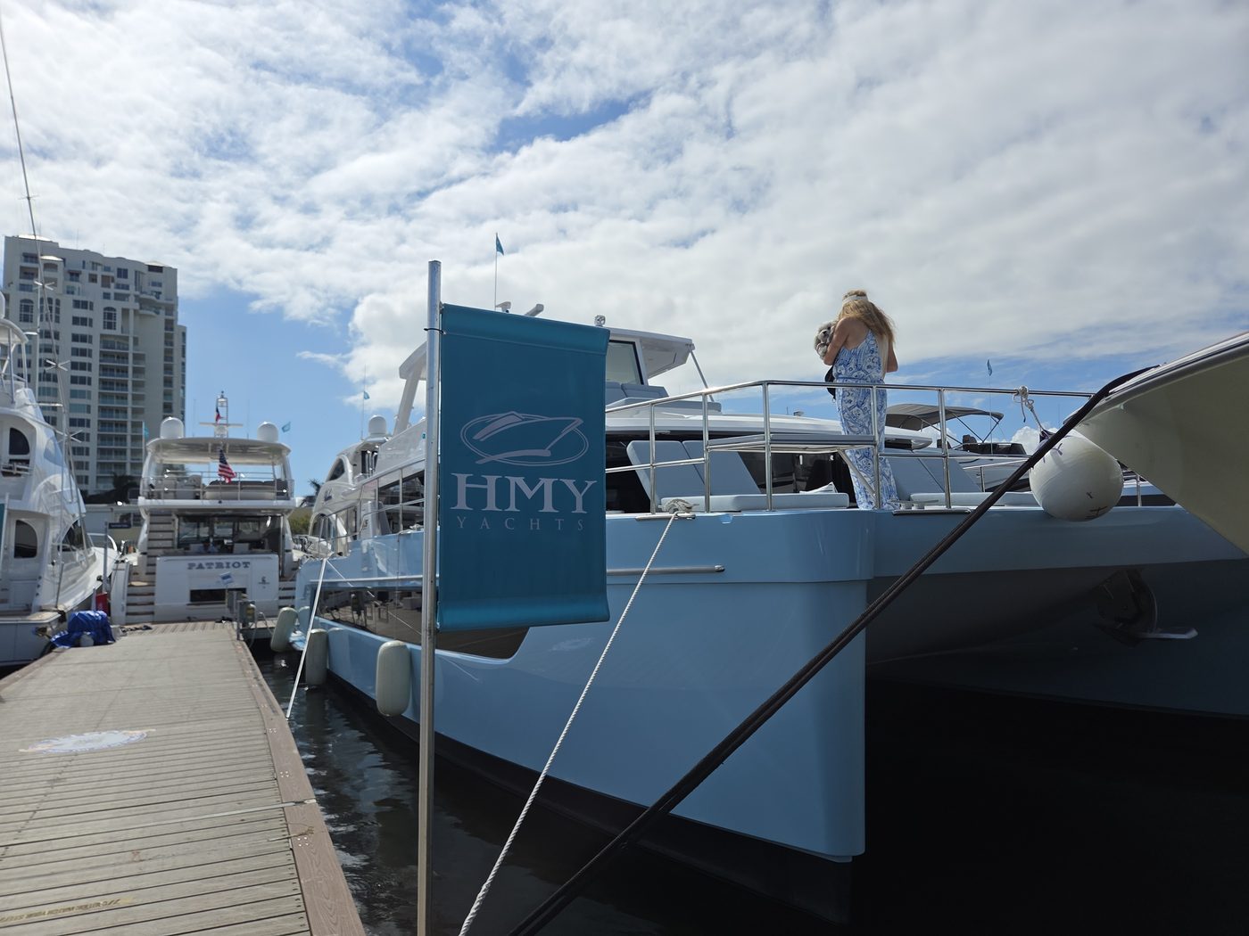 Light blue power catamaran at FLIBS 2026