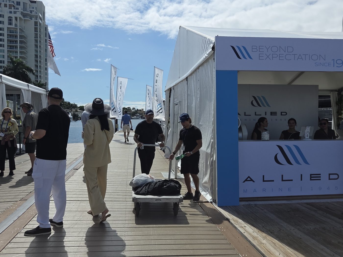 Allied Marine tent on the dock at FLIBS 2026