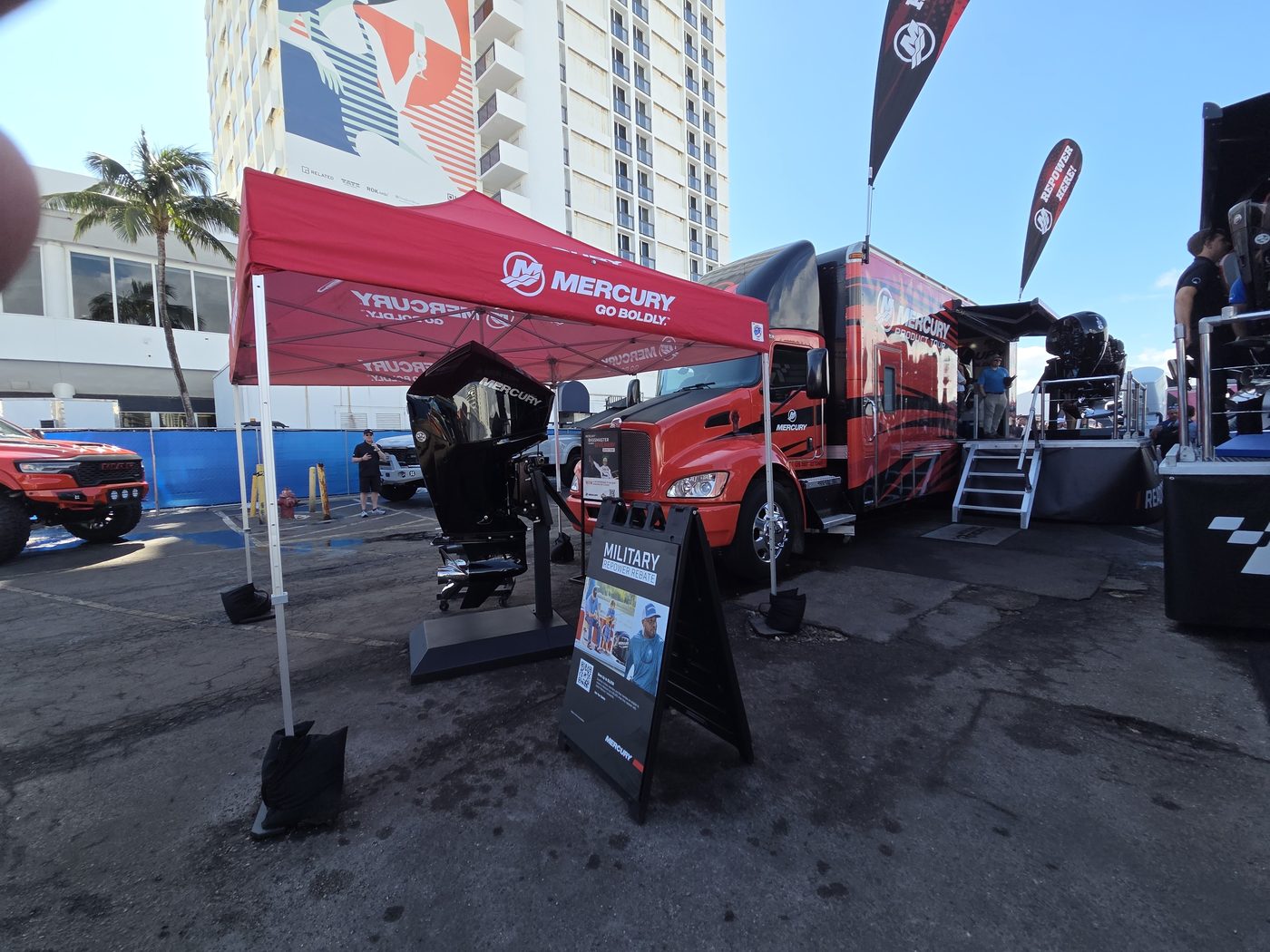 Mercury tent with outboards on stands at FLIBS 2026