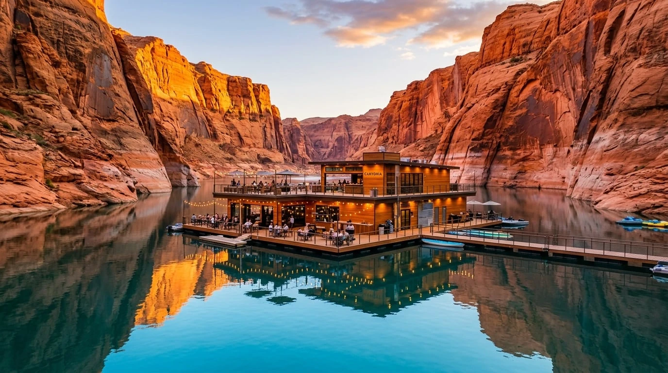 Jádí'Tooh floating restaurant on Lake Powell surrounded by red canyon walls at golden hour