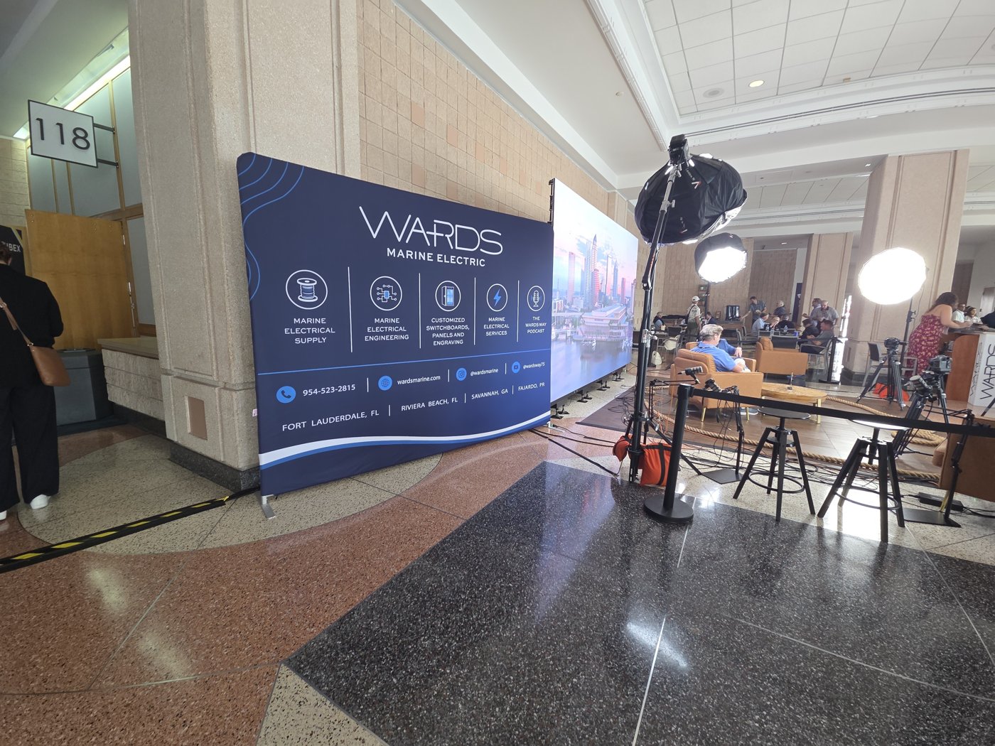 Wards Marine Electric booth backdrop and podcast set