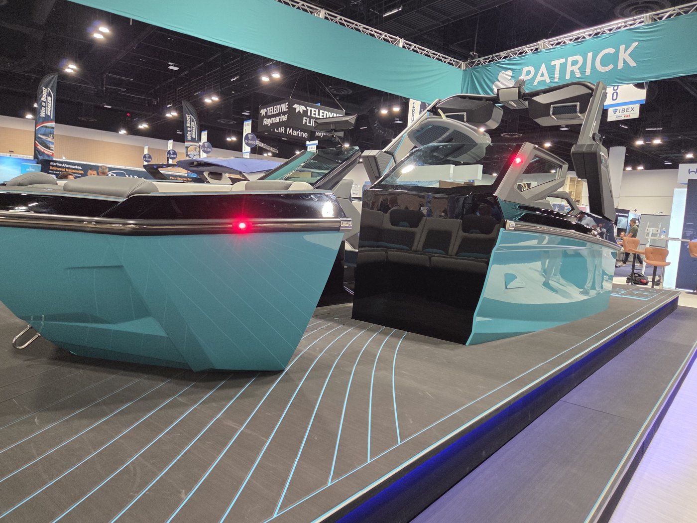 Patrick teal wake boat with the bow split open to show the interior build