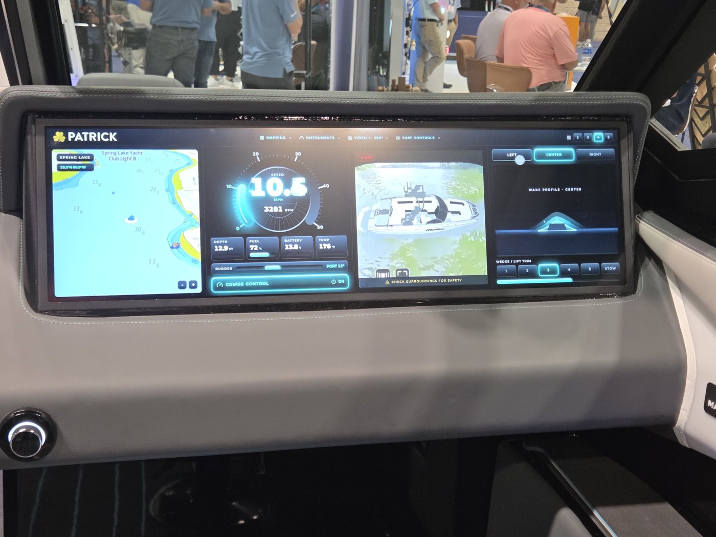PATRICK helm display showing speed, RPM, depth, fuel, cruise control and surf controls
