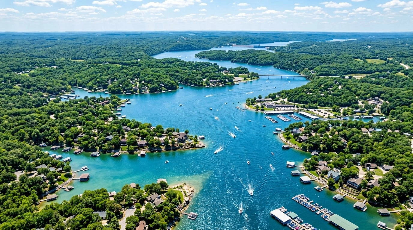 Aerial view of Lake of the Ozarks Missouri showing winding lake and green forested hills