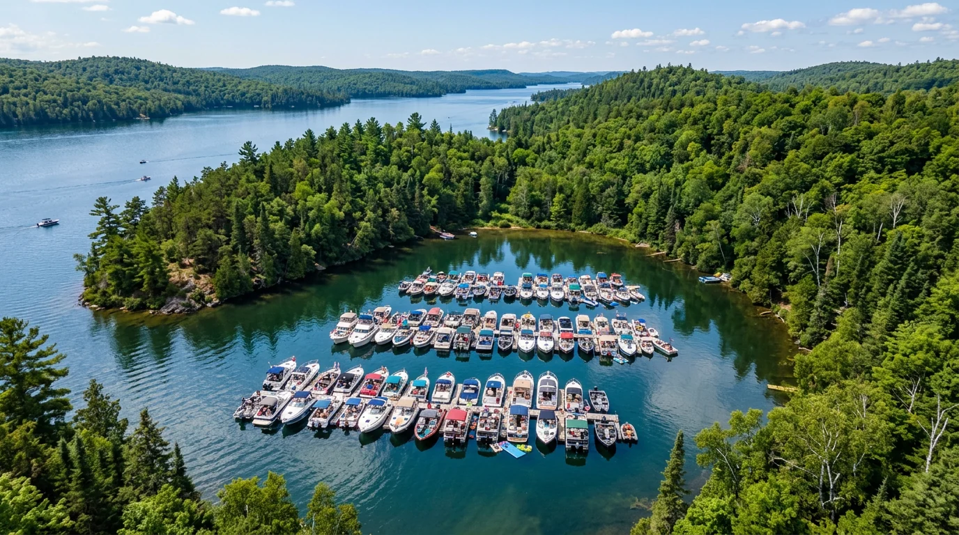 Aerial view of Party Cove at Lake of the Ozarks with hundreds of boats gathered