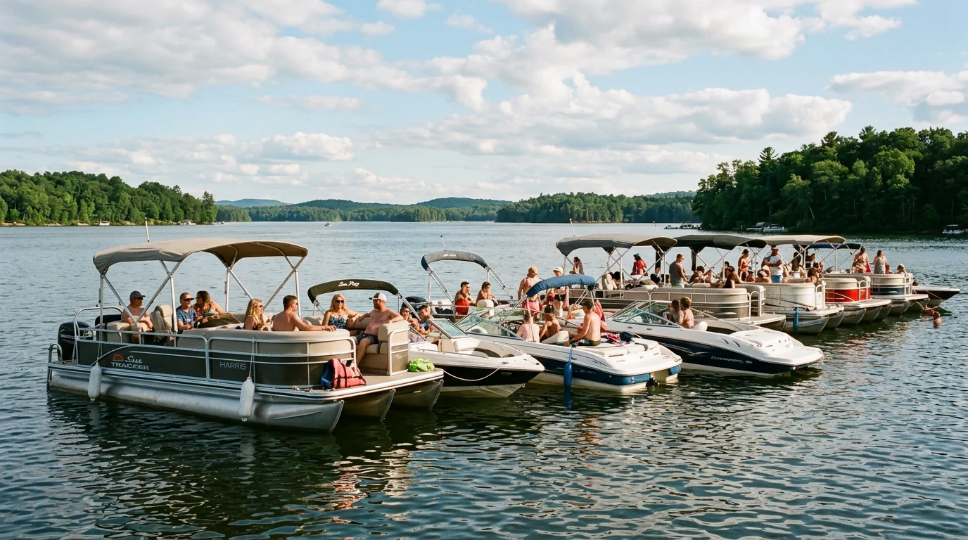 Boats gathered in Harmon Creek cove at Lake of the Ozarks Missouri