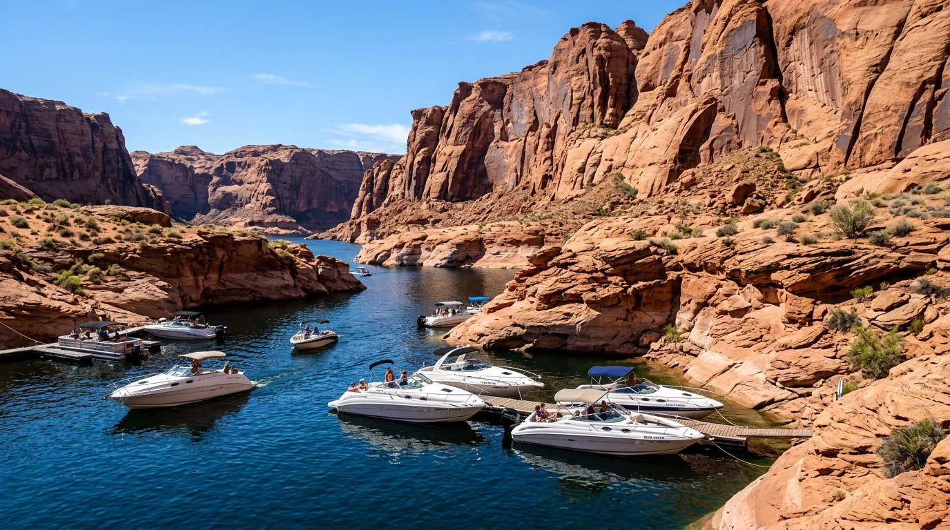 Lake Havasu sandbar party near the London Bridge with boats gathered