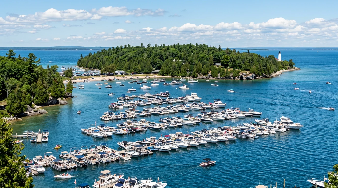 Boats at Gull Island sandbar on Lake St. Clair Michigan