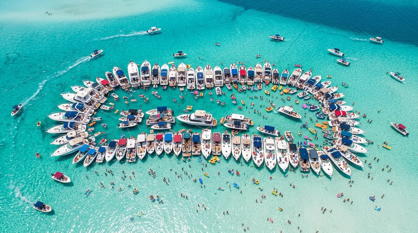 Boats gathered at Crab Island submerged sandbar near Destin Florida