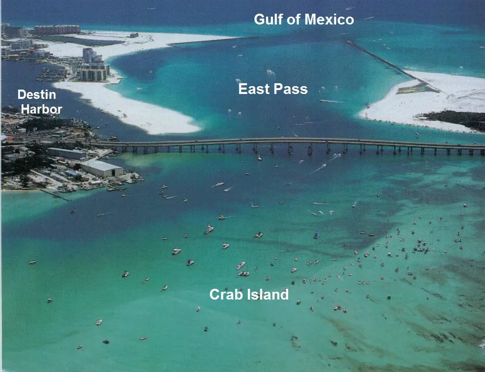 Boats gathered at Crab Island submerged sandbar near Destin Florida