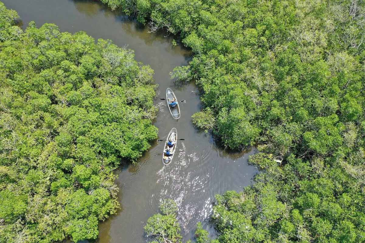 Anclote Key barrier island near Tarpon Springs Florida with boats anchored along the shore