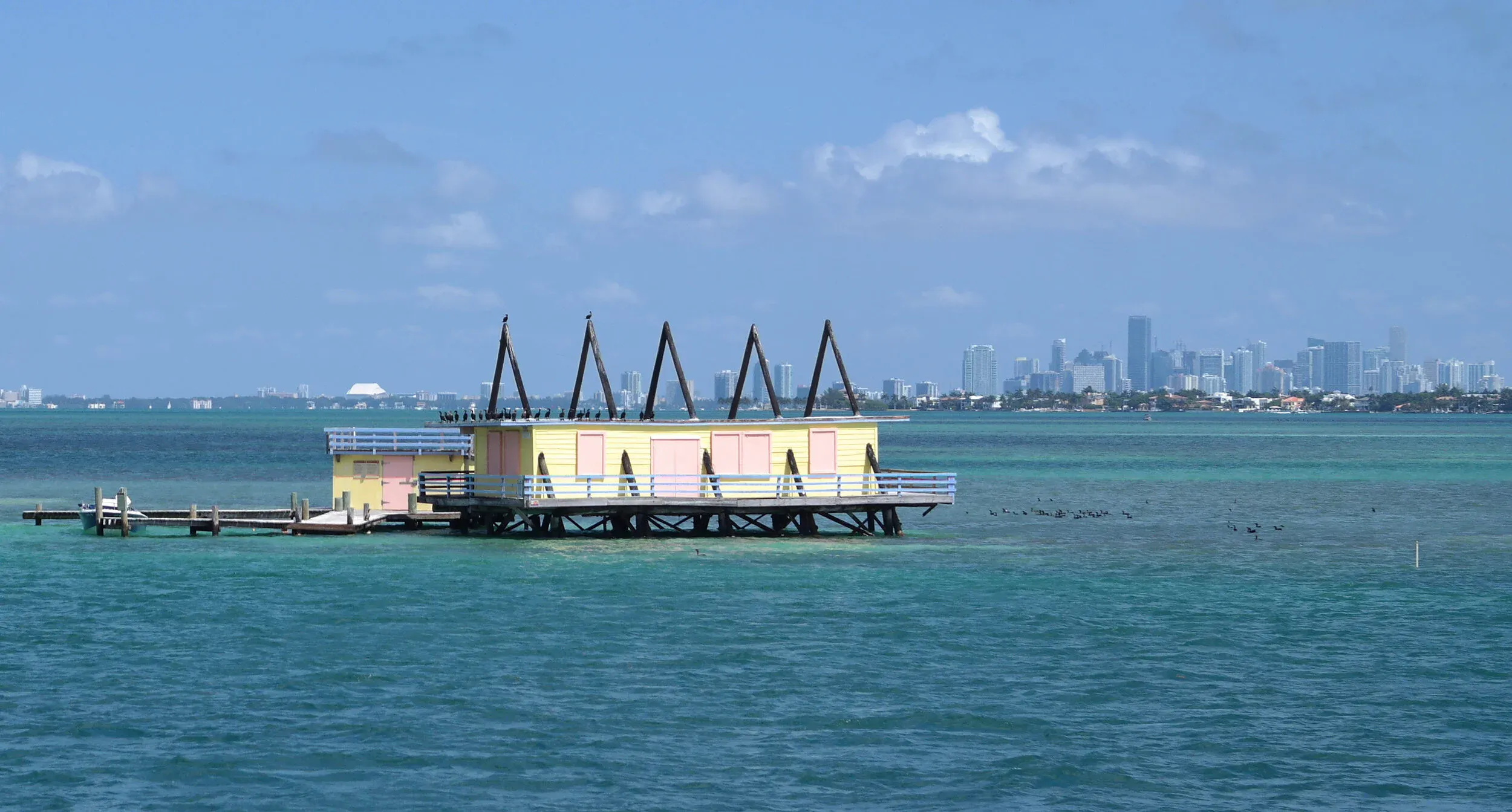 Key Biscayne sandbar near Stiltsville with the Miami skyline in the background
