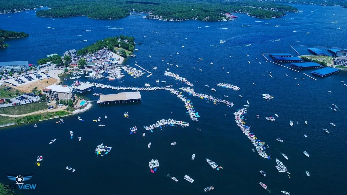 Aerial view of Party Cove at Lake of the Ozarks with hundreds of boats gathered
