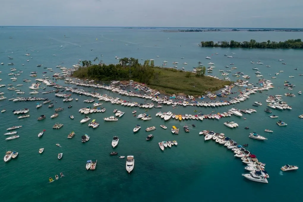 Boats at Gull Island sandbar on Lake St. Clair Michigan