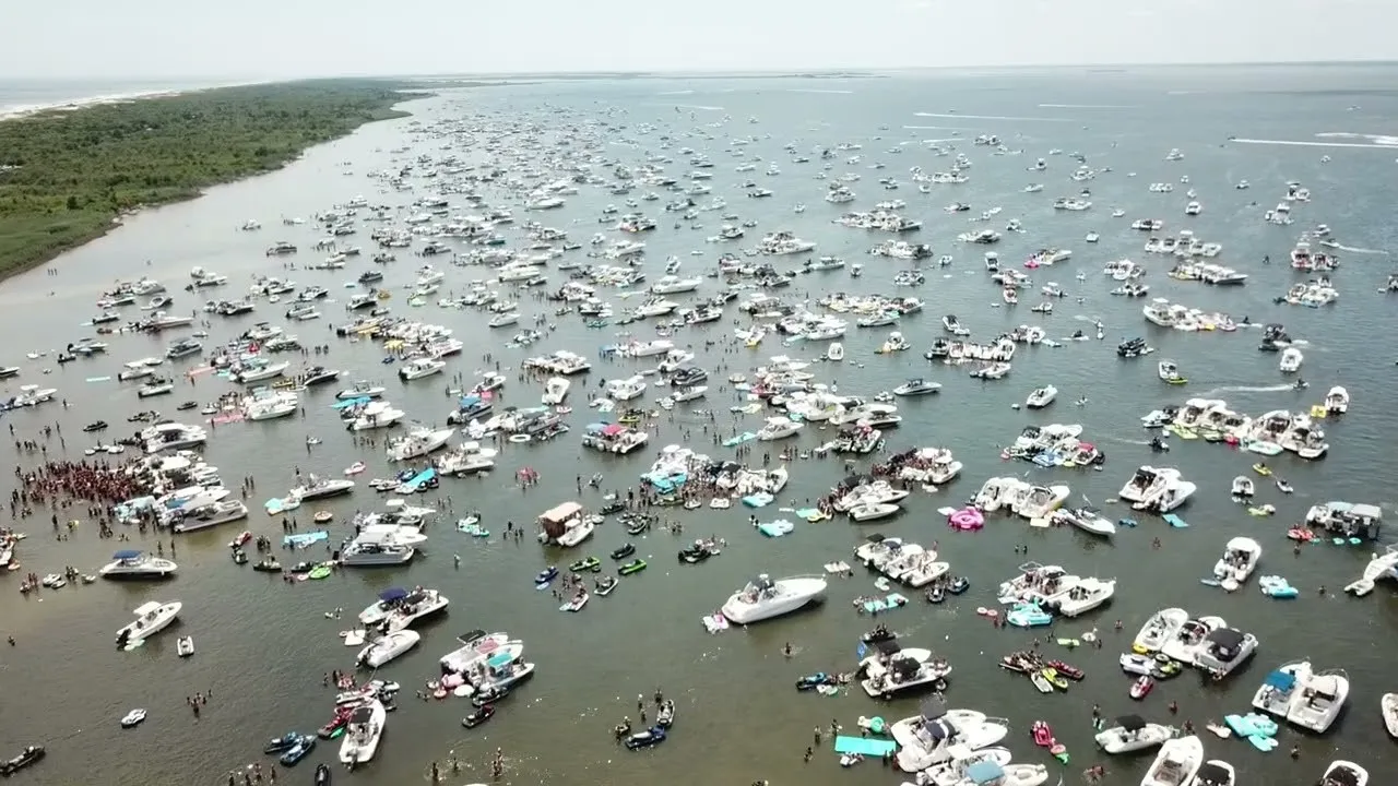 Aerial view of boats rafted up at Tices Shoal in Barnegat Bay New Jersey