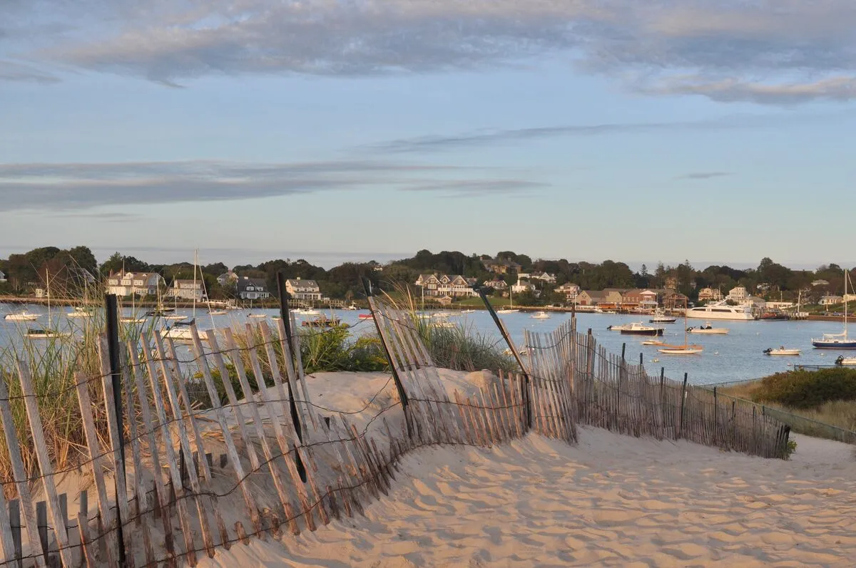 Napatree Point sand spit at Watch Hill Rhode Island with boats anchored in the bay