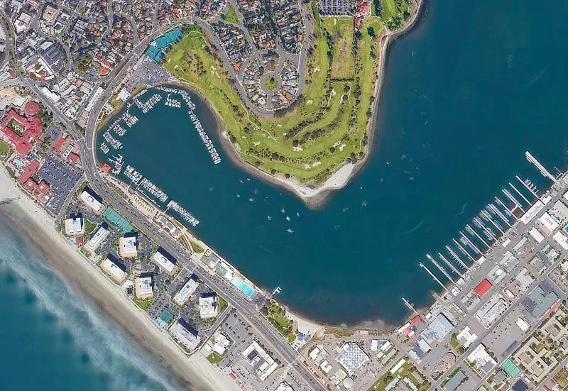 Aerial view of Glorietta Bay in Coronado California with boats and the Hotel del Coronado