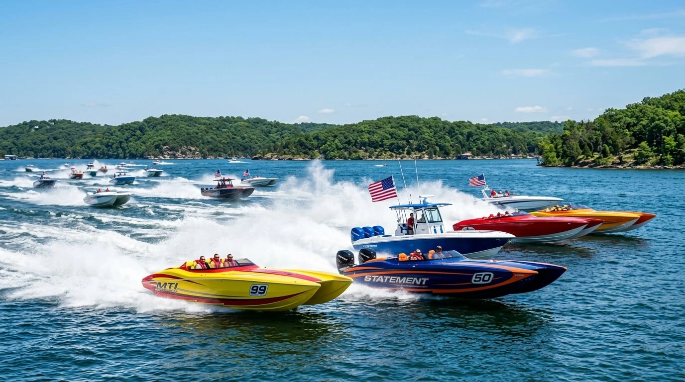 High-performance powerboats running together during a poker run at Lake of the Ozarks