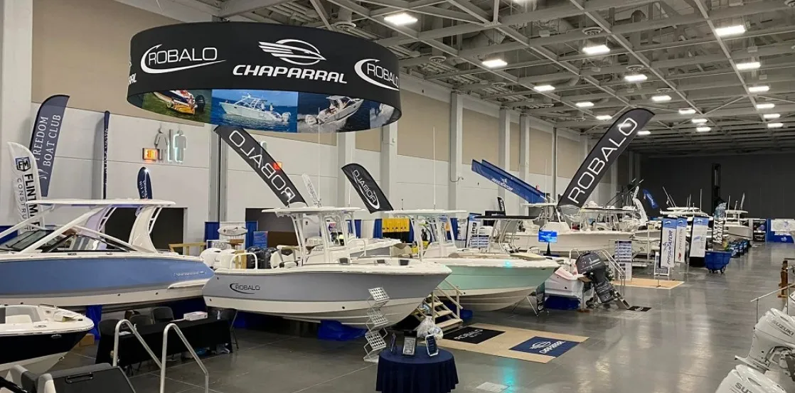 Marine dealer showroom with outboard motors on display