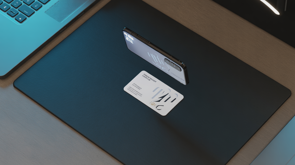 Business card laid flat on contrasting surface with phone camera above it