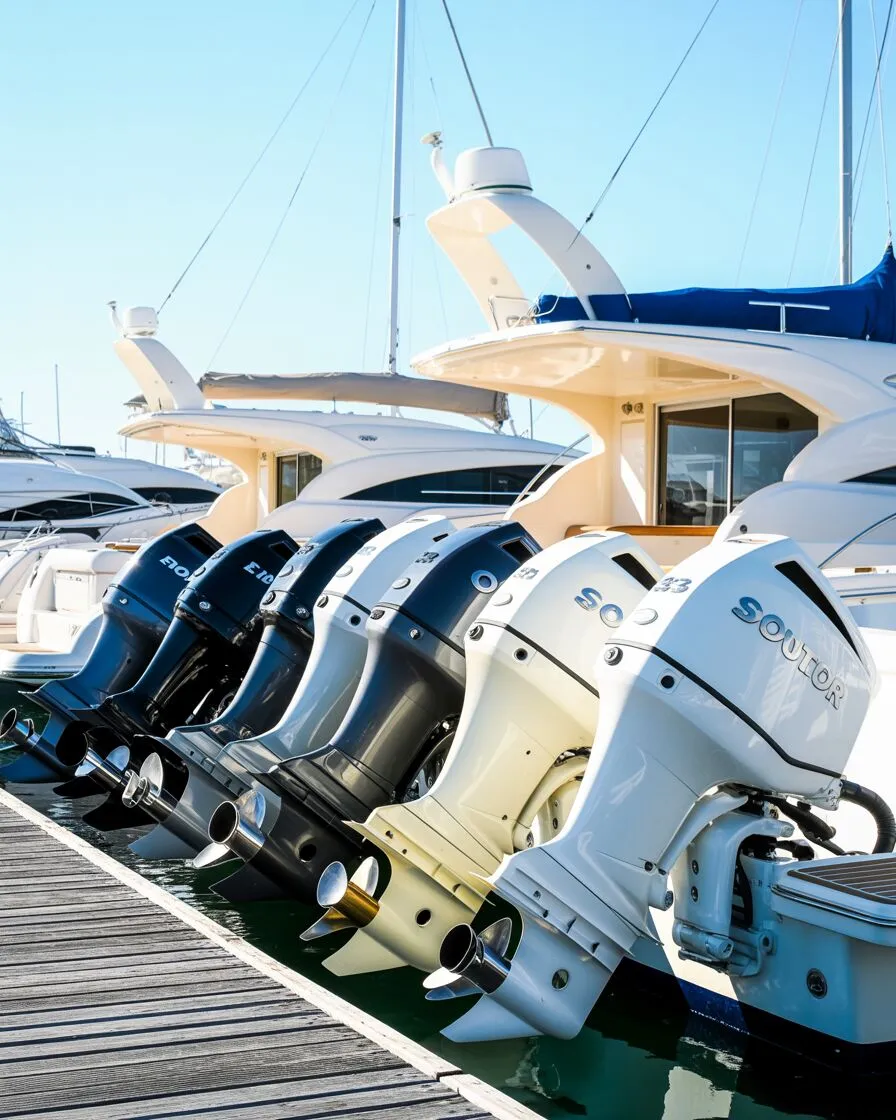 Boats and motors lined up for sale at a marina
