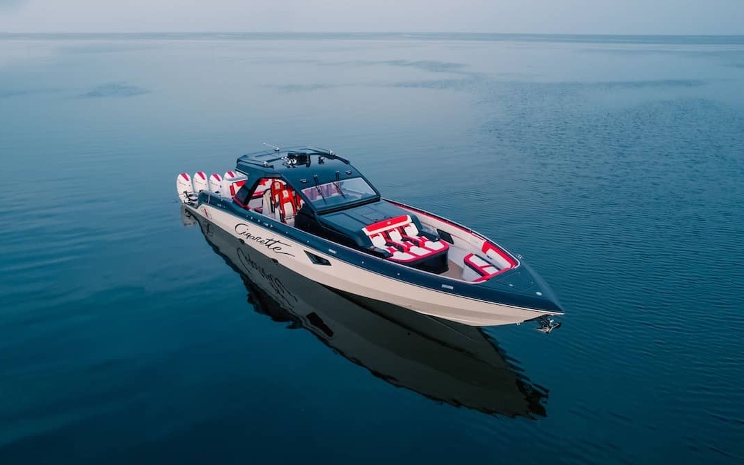 High-performance go-fast boat at a marina dock