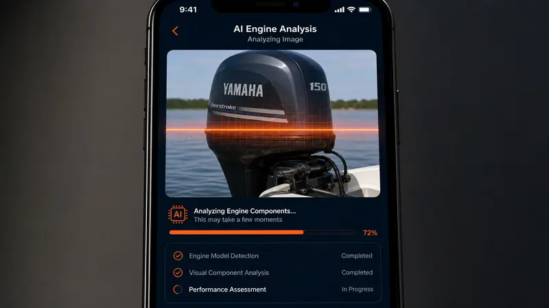 Smartphone screen showing AI scanning animation on an outboard engine photo