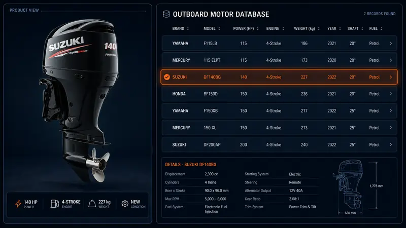 Database visualization showing engine photo matched against technical specification records