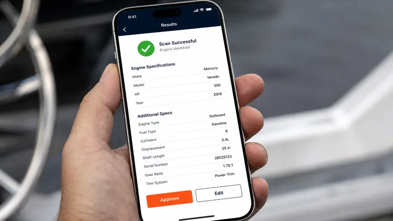 Smartphone showing engine identification results with Approve and Edit buttons