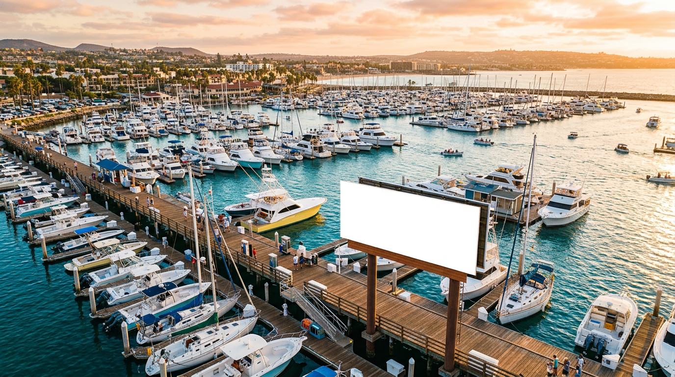 Blank billboard at a marina at sunset — advertising space on OutboardListings