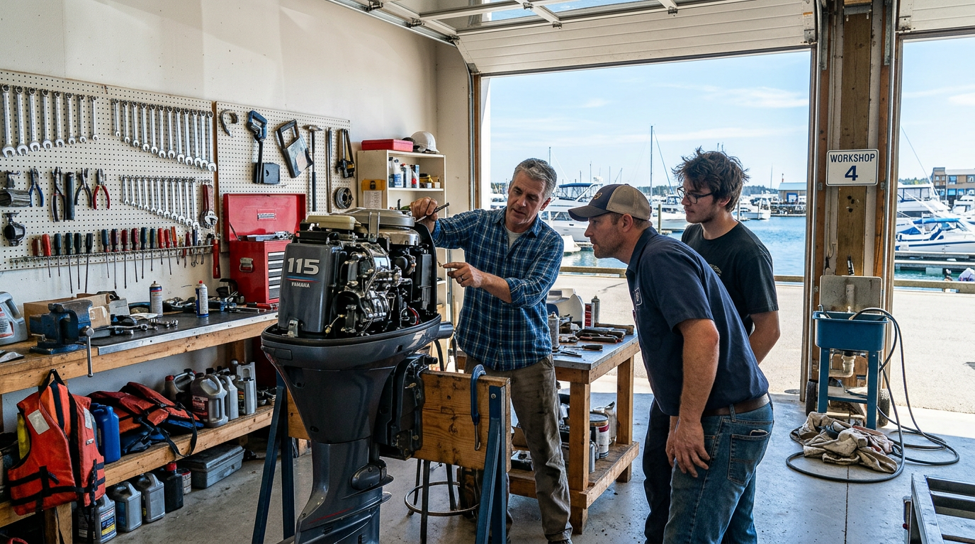 Boat owners and an outboard mechanic talking around a motor on the dock
